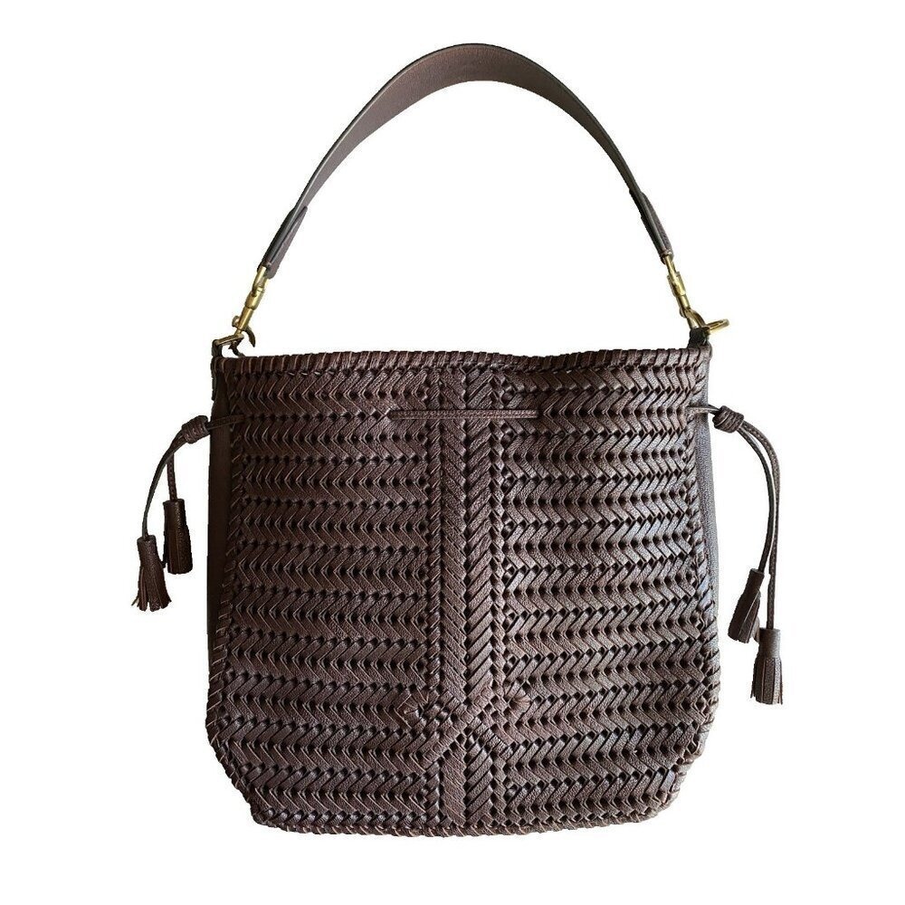 Anya Hindmarch Neeson Leather Woven Bucket Bag Rosewood Brown Tassel - Picture 3 of 17